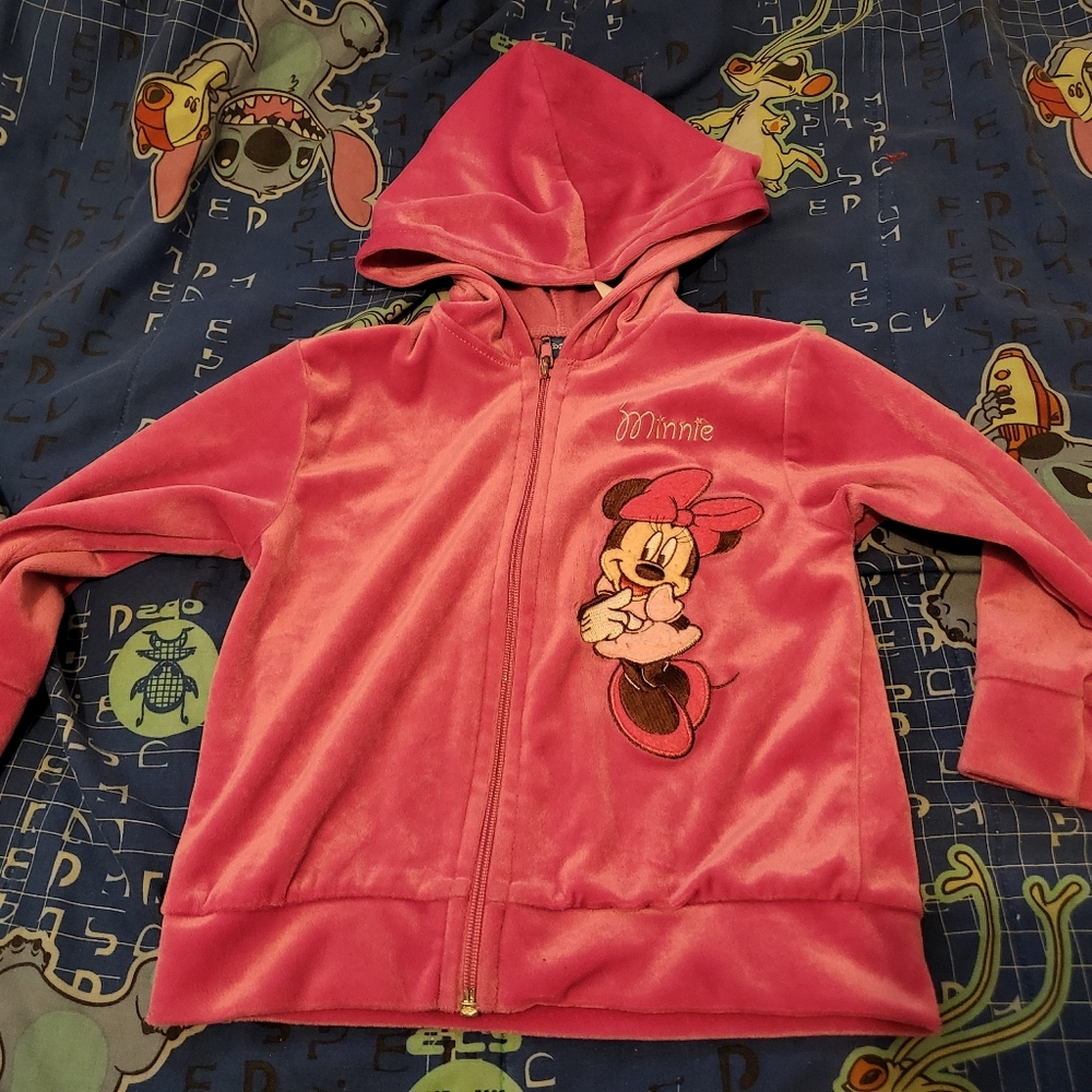 Y2k Disney Pink Minnie Mouse Velour Hooded Zip Sweatshirt Velvet Feel Size 3T